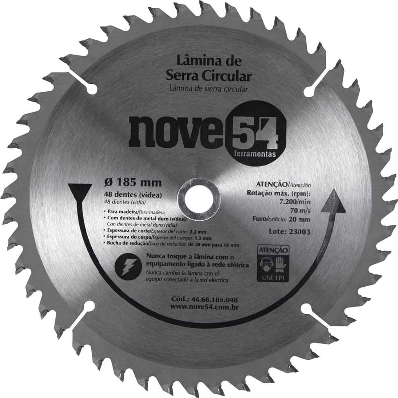 Lâmina de serra circular com dentes de metal duro/vídea, 185 mm x 20 mm, 48 dentes