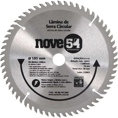 Lâmina de serra circular com dentes de metal duro/vídea, 185 mm x 20 mm, 60 dentes