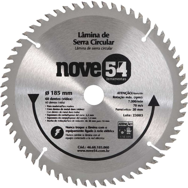 Lâmina de serra circular com dentes de metal duro/vídea, 185 mm x 20 mm, 60 dentes