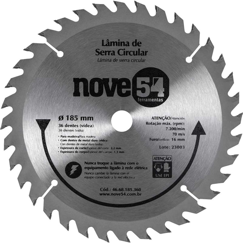 Lâmina de serra circular com dentes de metal duro/vídea, 185 mm x 16 mm, 36 dentes