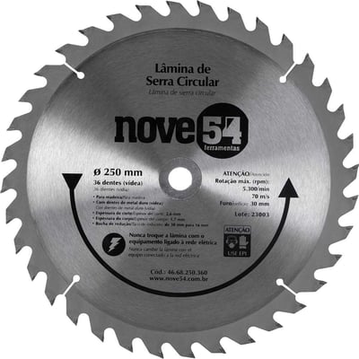 Lâmina de serra circular com dentes de metal duro/vídea, 250 mm x 30 mm, 36 dentes
