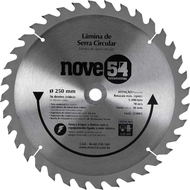 Lâmina de serra circular com dentes de metal duro/vídea, 250 mm x 30 mm, 36 dentes