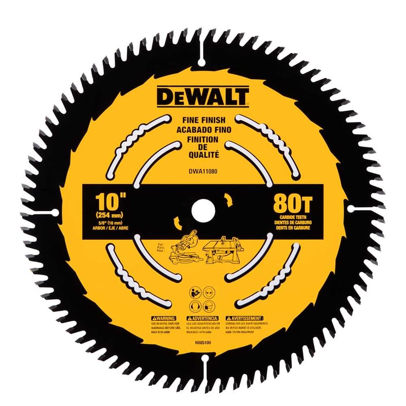 Lâmina de serra circular, 10" (254 mm) x 16,0 mm x 1,75 mm, 80 dentes de metal duro, para madeira, DWA11080