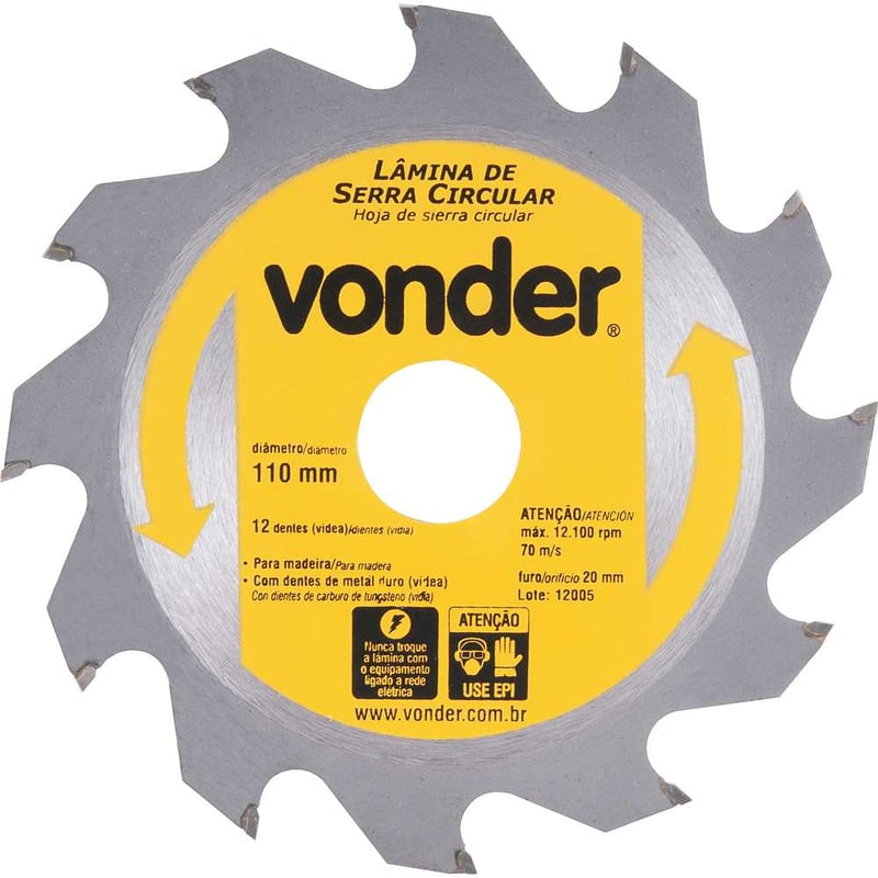 Lâmina de serra circular com dentes de metal duro/vídea, 110 mm x 20 mm, 12 dentes