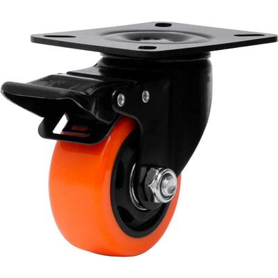 Rodízio giratório leve série black, base placa, 3", com freio, roda laranja, 70 kgf, GLPBF.312.BPA.E