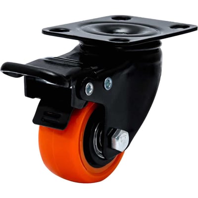 Rodízio giratório leve série black, base placa, 2", com freio, roda laranja, 50 kgf, GLPBF.210.BPA.E