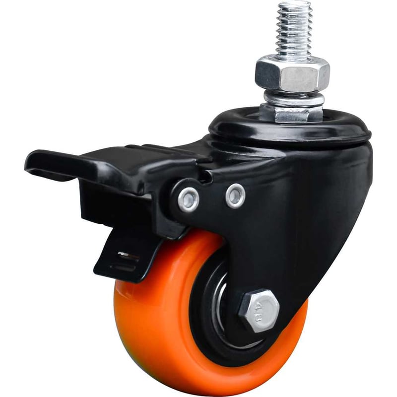 Rodízio giratório leve série black, base espiga, 1.5/8", com freio, roda laranja, 30 kgf, GLEBF.1.5/8.BPA.E