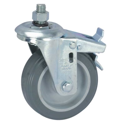 Rodízio giratório leve 4", de resina termoplástica, cinza, com freio, com rosca, GLE 412 BP