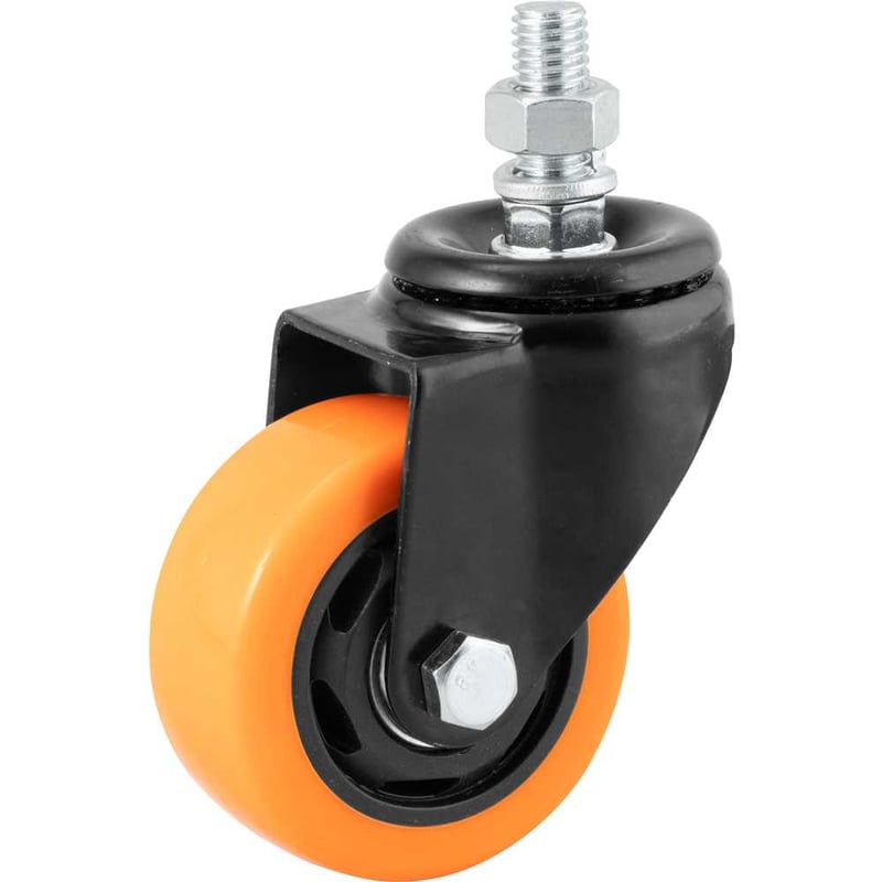 Rodízio giratório leve série black, base espiga, 3", roda laranja, 70 kgf, GLEB.312.BPA.E