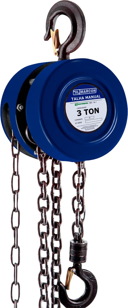 Talha manual, 3 toneladas (3 tf), elevação 3 m de corrente