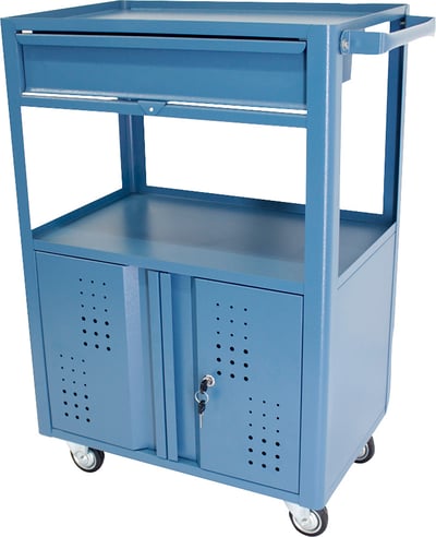 Carro para ferramentas, 60 cm x 40 cm x 90,5 cm, semifechado, com 1 gaveta, 2 portas e 1 prateleira fixa externa, 90 kgf, azul