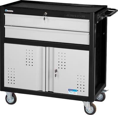 Carro para ferramentas, 80 cm x 45 cm x 86,4 cm, fechado, com 2 gavetas, 2 portas, 350 kgf, Preto com cinza