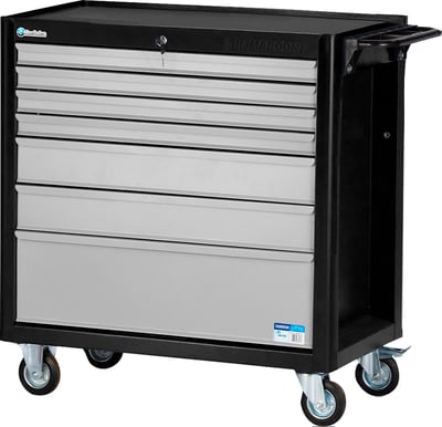 Carro para ferramentas, 80 cm x 45 cm x 86,4 cm, fechado, com 7 gavetas, 350 kgf, preto com cinza, Black Series