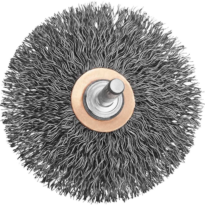 Escova circular de aço carbono, 3", com fio ondulado, haste de 1/4", DW49008