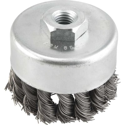 Escova copo em aço trançado, 75 mm, M14, fio 0,6 mm, 8.500 rpm