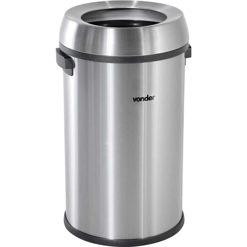 Lixeira redonda, sem tampa, 65 litros, inox, cinza
