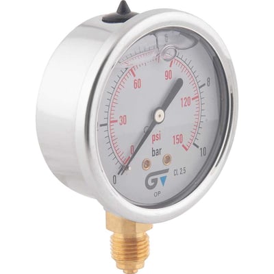 Manômetro vertical 1/4" BSP, 63 mm, com glicerina, caixa em aço inox, 150 lbf/pol² (psi), 3822 010