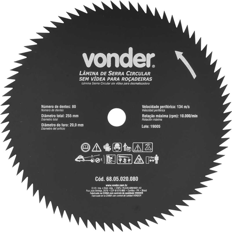 Lâmina circular sem vídea, para roçadeiras, 255 mm x 20 mm, 80 dentes