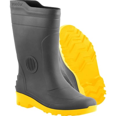 Bota de PVC preta e amarela, cano médio, sem forro, 45/46