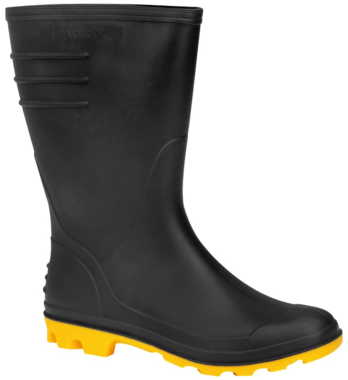 Bota de PVC preta com solado amarelo, 40, cano médio, sem forro