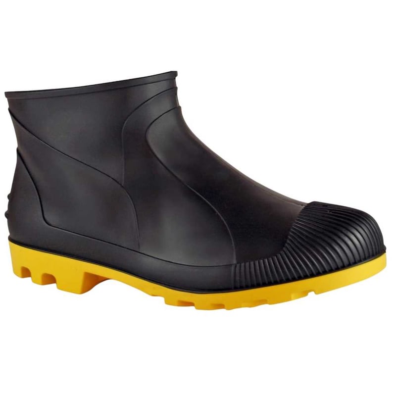 Bota de PVC cano extracurto, tamanho 34/35, sem forro, preta e amarela
