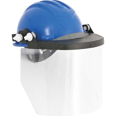 Capacete azul com aba frontal e protetor facial