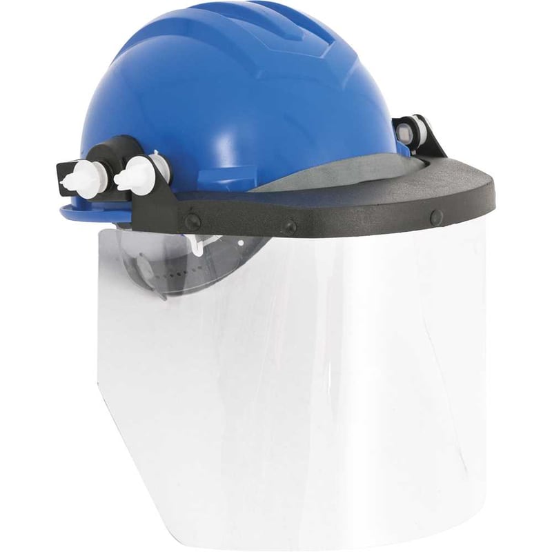 Capacete azul com aba frontal e protetor facial