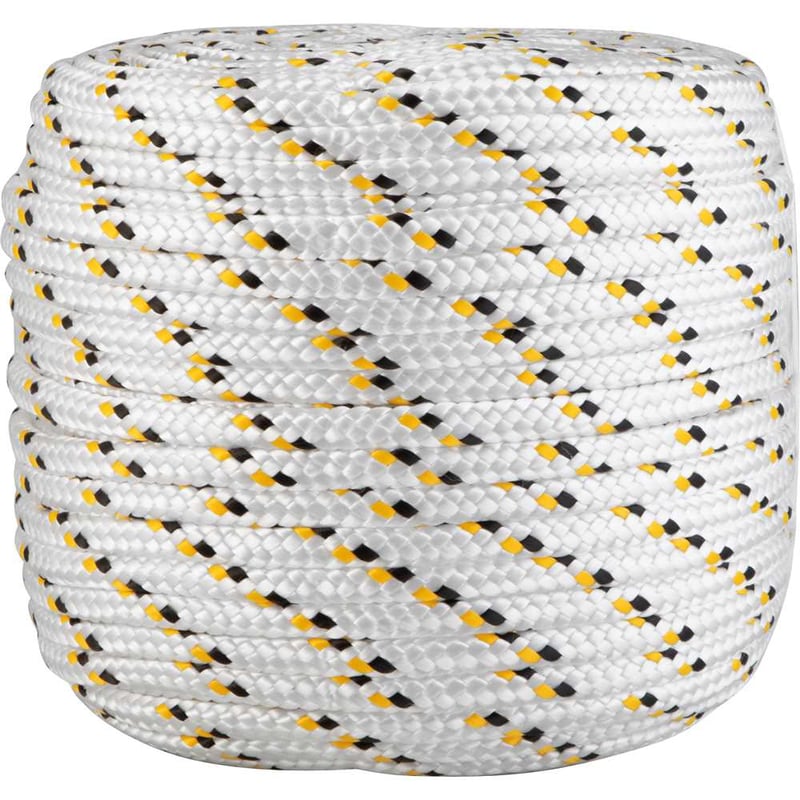 Corda multifilamento trançada 12,0 mm x 110 m, branca com detalhes em preto e amarelo