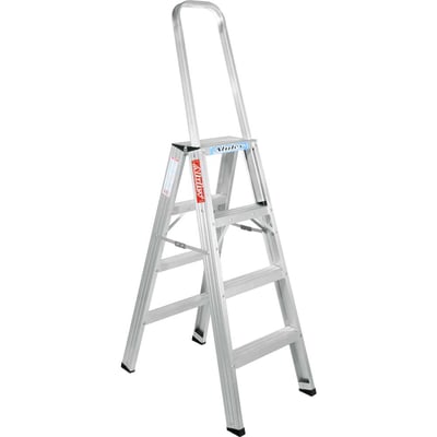 Escada de abrir, em alumínio, uso profissional, 4 degraus, 120 cm, com alça de apoio
