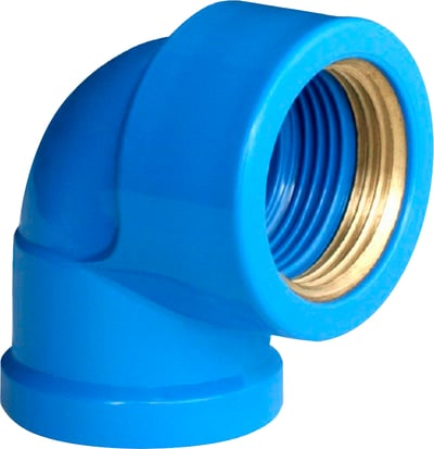 Joelho 90° soldável em PVC com bucha de latão roscável, 25 mm x 3/4", azul, 20104003