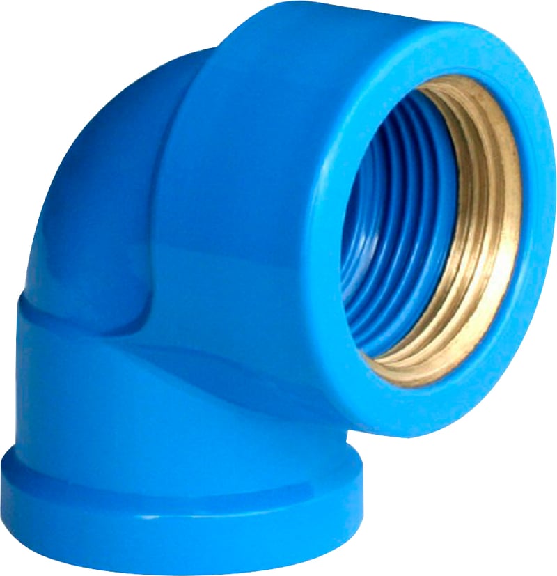 Joelho 90° soldável em PVC com bucha de latão roscável, 25 mm x 3/4", azul, 20104003