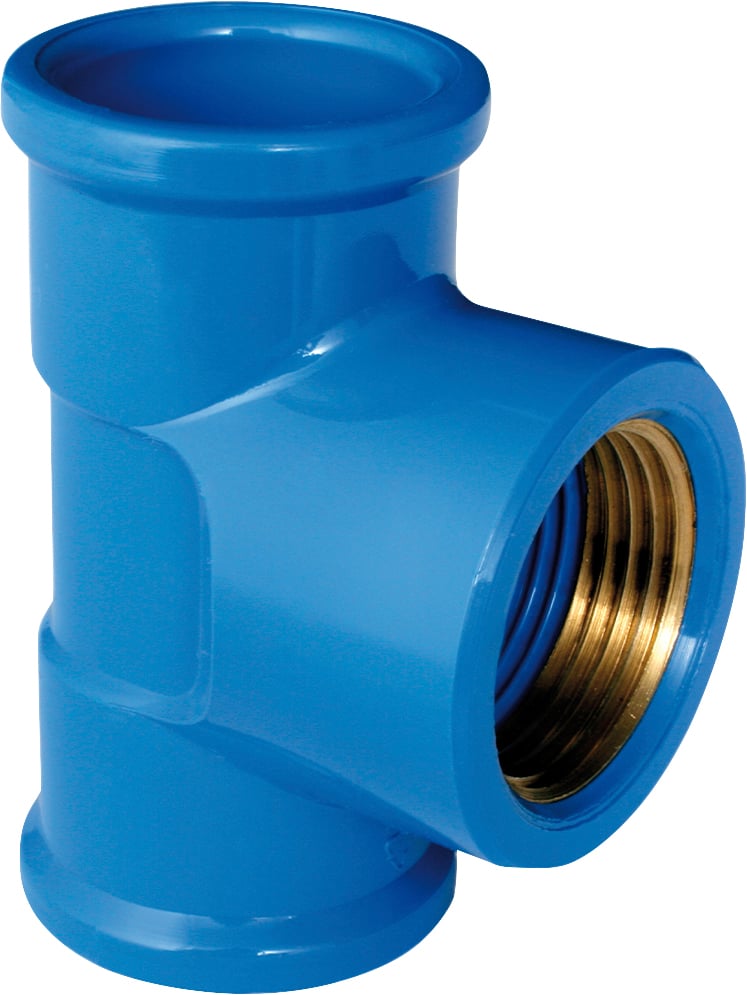 Tê em PVC soldável com bucha de latão, 20 mm x 1/2", azul, 20104007
